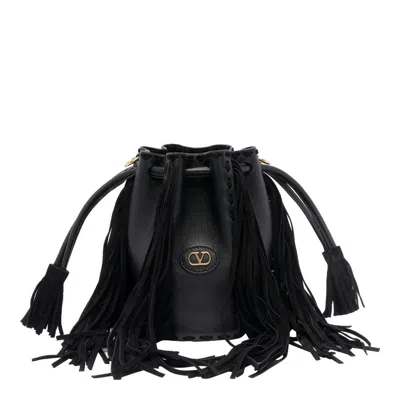 Valentino Vlogo Plaque Fringed Shoulder Bag In Black