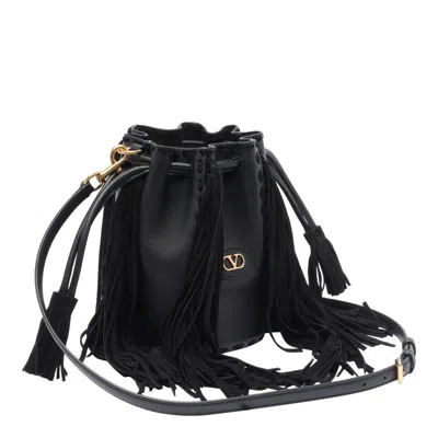Valentino Vlogo Plaque Fringed Shoulder Bag In Black