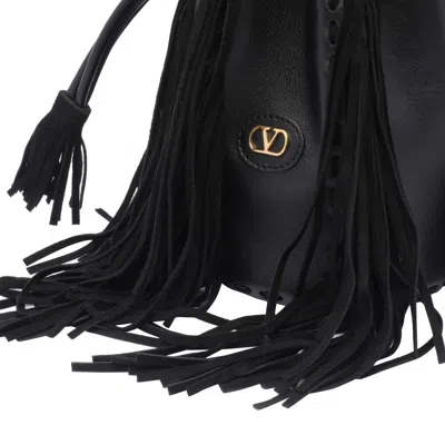 Valentino Vlogo Plaque Fringed Shoulder Bag In Black