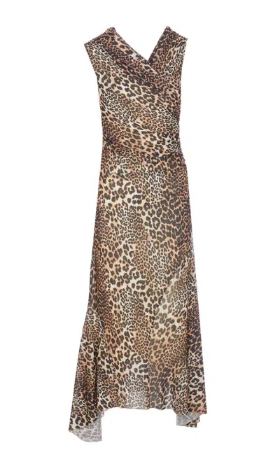 Ganni Brown Long Dress With All-over Leopard Print And Asymmetric Hem In Tech Fabric Woman In Beige