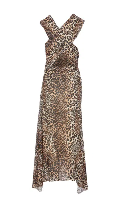 Ganni Brown Long Dress With All-over Leopard Print And Asymmetric Hem In Tech Fabric Woman In Beige