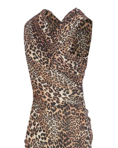 Ganni Brown Long Dress With All-over Leopard Print And Asymmetric Hem In Tech Fabric Woman In Beige