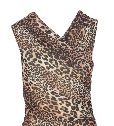 Ganni Brown Long Dress With All-over Leopard Print And Asymmetric Hem In Tech Fabric Woman In Beige