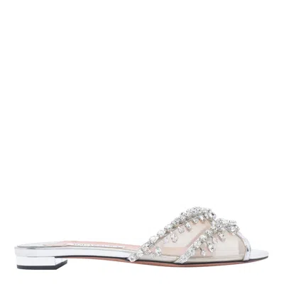 Aquazzura Temptation Crystal-embellished Mesh-trimmed Metallic Leather Slides In Silver
