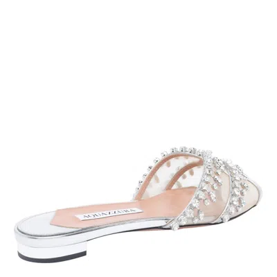 Aquazzura Temptation Crystal-embellished Mesh-trimmed Metallic Leather Slides In Silver