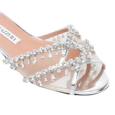 Aquazzura Temptation Crystal-embellished Mesh-trimmed Metallic Leather Slides In Silver