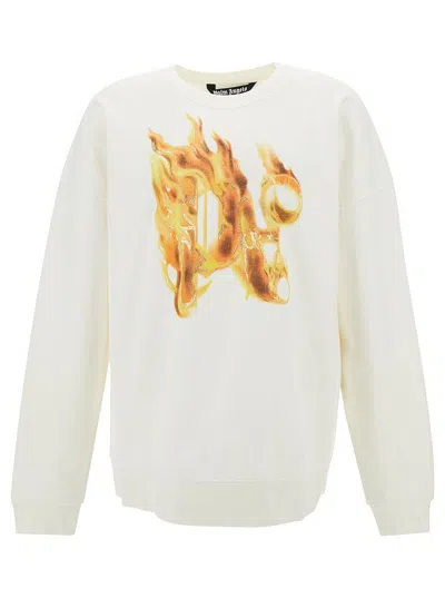 Palm Angels White Crewneck Sweatshirt With Burning Logo Print In Cotton Man In White