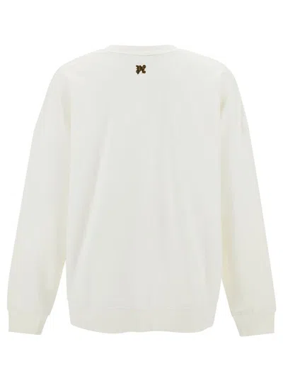 Palm Angels White Crewneck Sweatshirt With Burning Logo Print In Cotton Man In White