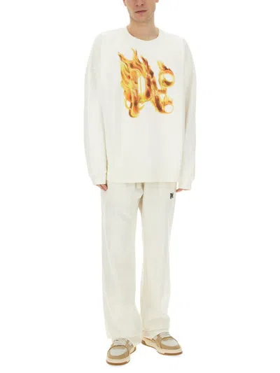 Palm Angels White Crewneck Sweatshirt With Burning Logo Print In Cotton Man In White