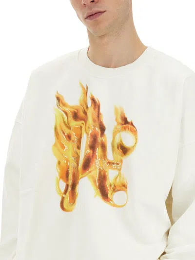Palm Angels White Crewneck Sweatshirt With Burning Logo Print In Cotton Man In White