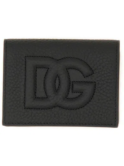 Dolce & Gabbana Small Zip-around Wallet In Calfskin With Raised Logo In Black