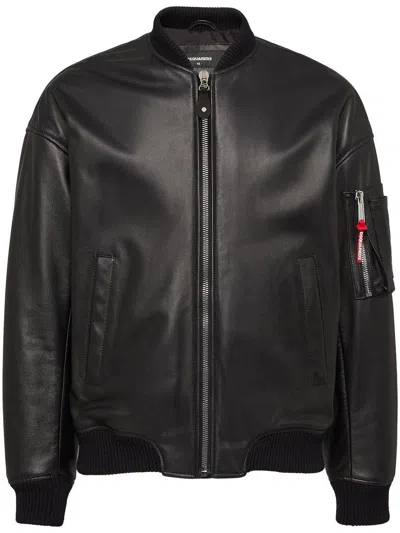 Dsquared2 Black Lambskin Jacket With Ribbed Collar In Black