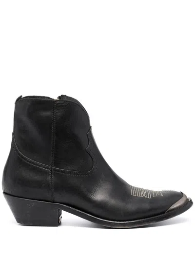 Golden Goose Young Ankle Boots In Leather With Cowboy-style Decoration In Black