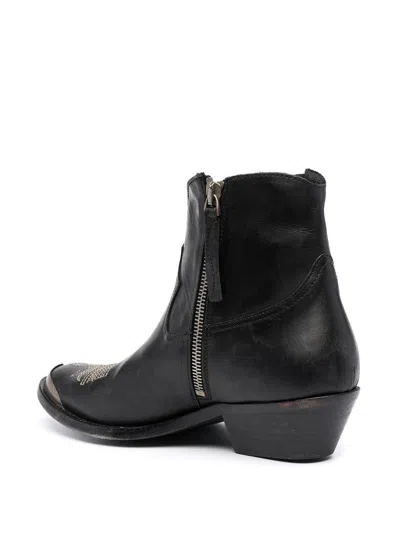 Golden Goose Young Ankle Boots In Leather With Cowboy-style Decoration In Black
