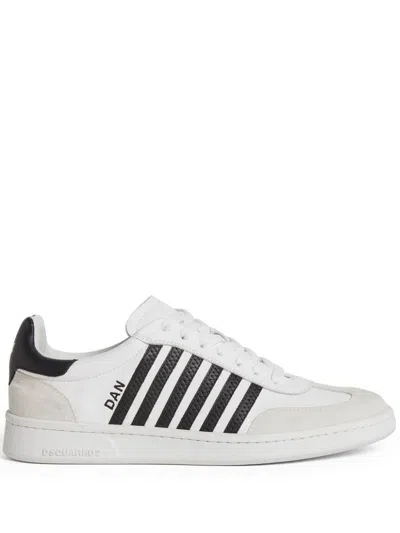 Dsquared2 White And Black Low Top Sneakers With Contrasting Bands In Leather Man In White+black