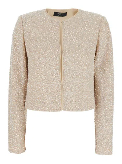 Twinset Beige Sequin Jacket With All-over Fau-pearl Embellishments In Tech Fabric Woman In Beige