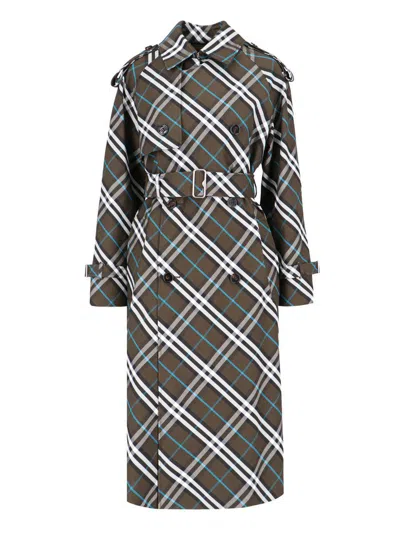 Burberry Green Oversized Double-breasted Trench Coat With Check Motif In Twill Woman In Black