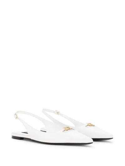 Dolce & Gabbana White Slingback Ballet Flats With Logo Detail In Leather Woman In White