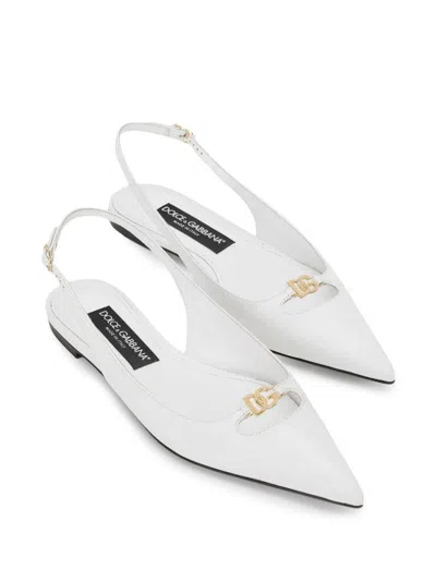 Dolce & Gabbana White Slingback Ballet Flats With Logo Detail In Leather Woman In White