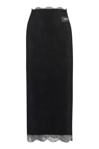 Dolce & Gabbana Midi Black Skirt With Re-edition Patch In Chantilly Lace Woman In Black