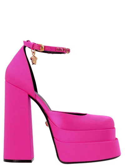 Versace Pink Medusa Aevitas Platform Heels In Deep Fuxia-oro