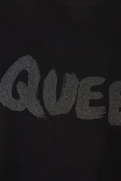Alexander Mcqueen Black T-shirt With Glitter Logo Print In Cotton Man In Black Steel