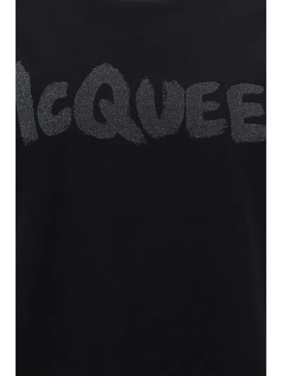 Alexander Mcqueen Black T-shirt With Glitter Logo Print In Cotton Man In Black Steel
