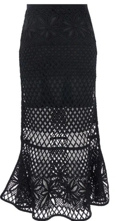 Pinko Black Long Skirt With Perforated Design And Floral Motif In Viscose Blend Woman In Black