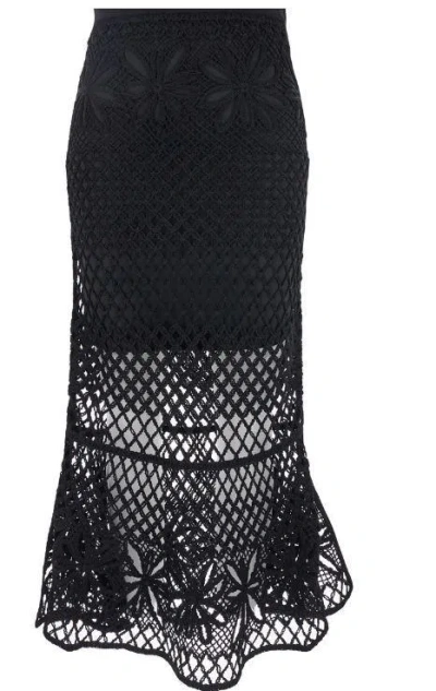 Pinko Black Long Skirt With Perforated Design And Floral Motif In Viscose Blend Woman In Black