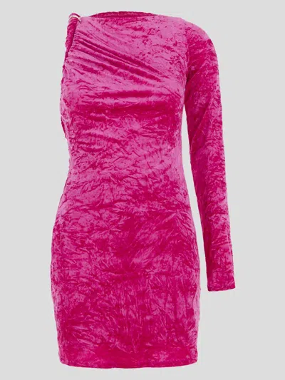 Versace Fuchsia One-shoulder Mini Dress With Greca Detail And Cut-out At The Back In Crushed Velvet Woman In Pink