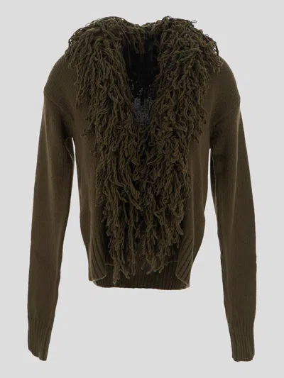 Blumarine Fringed Wool Cardigan In Green