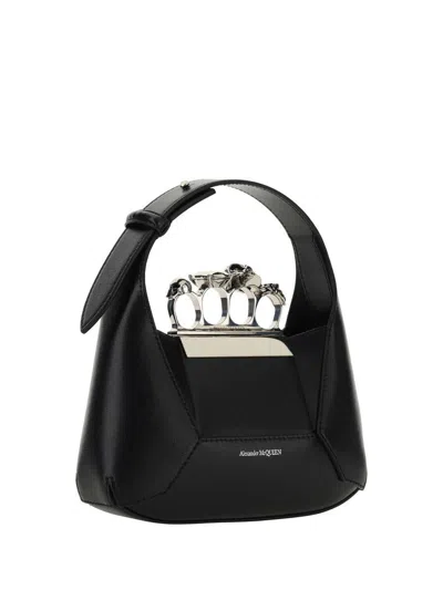Alexander Mcqueen Mini Jewelled Leather Hobo In Black