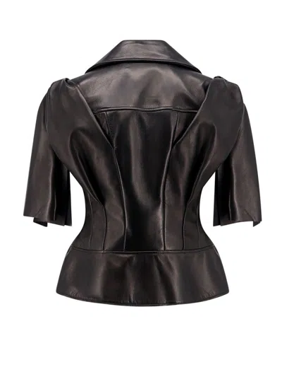 Alexander Mcqueen Sleeveless Leather Jacket With Knotted Drapery In Black
