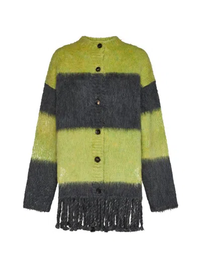 Etro Grey Grey Striped Wool Blend Cardigan In Yellow