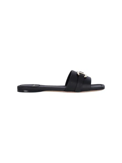 Ferragamo Square Lambskin Sandals Gold-tone Hardware In Black