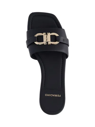 Ferragamo Square Lambskin Sandals Gold-tone Hardware In Black
