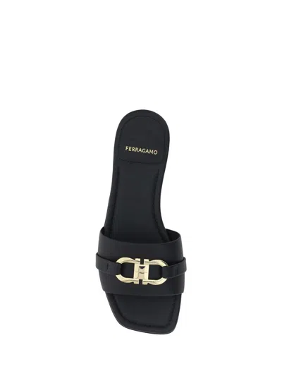 Ferragamo Square Lambskin Sandals Gold-tone Hardware In Black