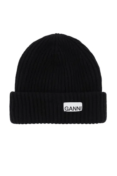 Ganni Wool-blend Ribbed-knit Beanie Hat In Black