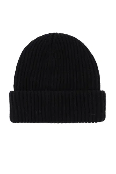 Ganni Wool-blend Ribbed-knit Beanie Hat In Black