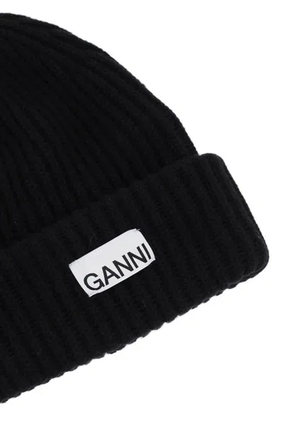 Ganni Wool-blend Ribbed-knit Beanie Hat In Black