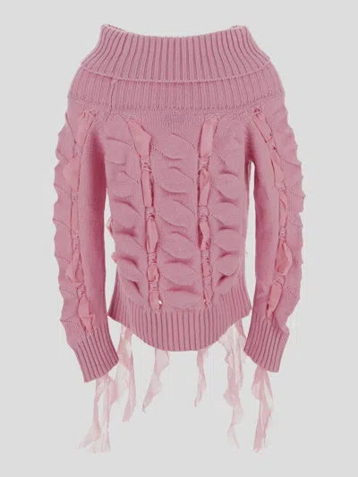 Blumarine Rushed Off-shoulder Knitted Wool Sweater In Pink