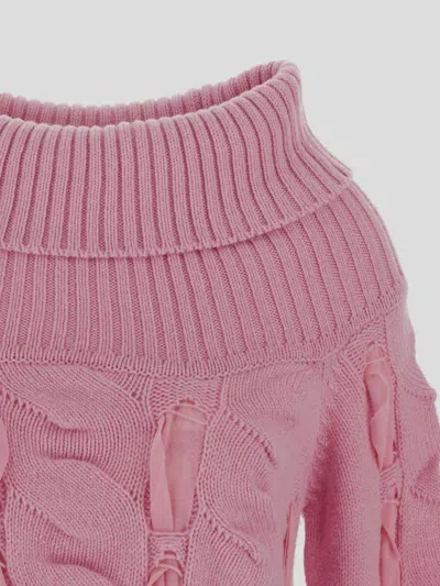 Blumarine Rushed Off-shoulder Knitted Wool Sweater In Pink
