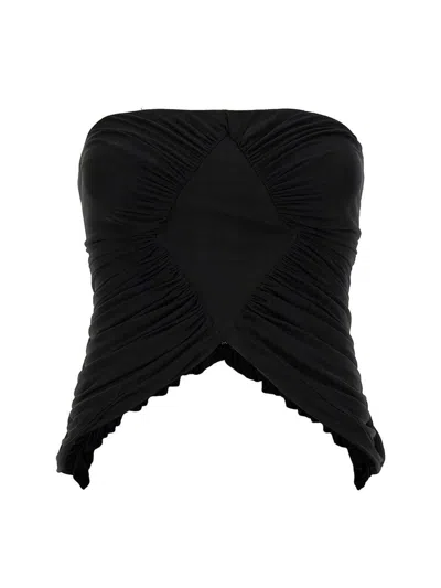 Saint Laurent Cupro Strapless Top With Ruched Asymmetric Hem In Black