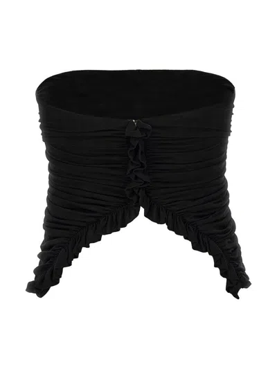 Saint Laurent Cupro Strapless Top With Ruched Asymmetric Hem In Black