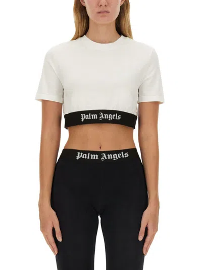 Palm Angels White Cropped T-shirt With Jacquard Logo In Cotton Woman In White