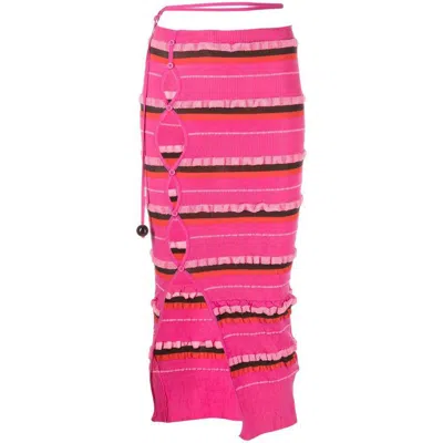 Jacquemus Concha Cutout Striped Ruched Seersucker Midi Skirt In Pink