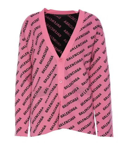 Balenciaga Logo V-neck Ribbed Knit Cardigan In Pink