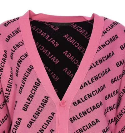 Balenciaga Logo V-neck Ribbed Knit Cardigan In Pink