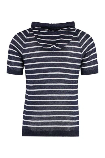 Paul & Shark Linen Hooded T-shirt Striped Pattern In Blue