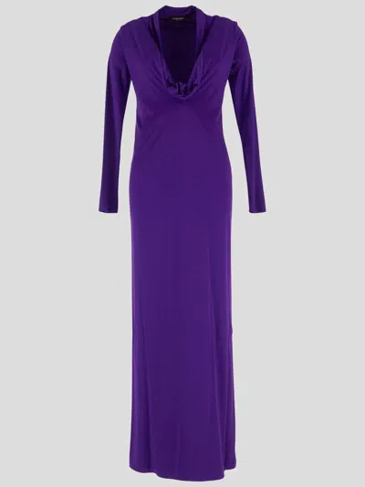 Versace Cowl-neck Draped Satin Gown In Purple